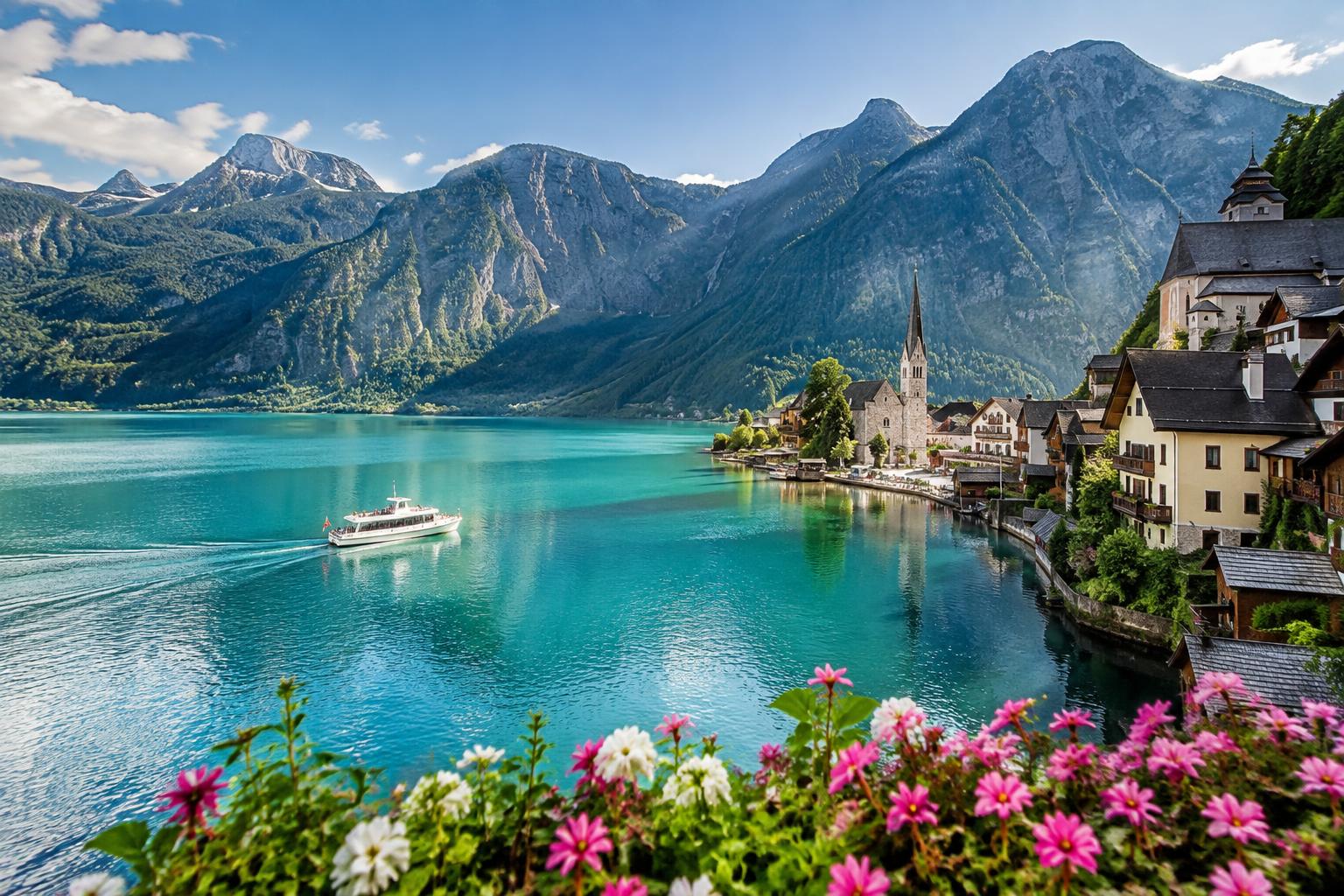 An alpine lake and lakeside village