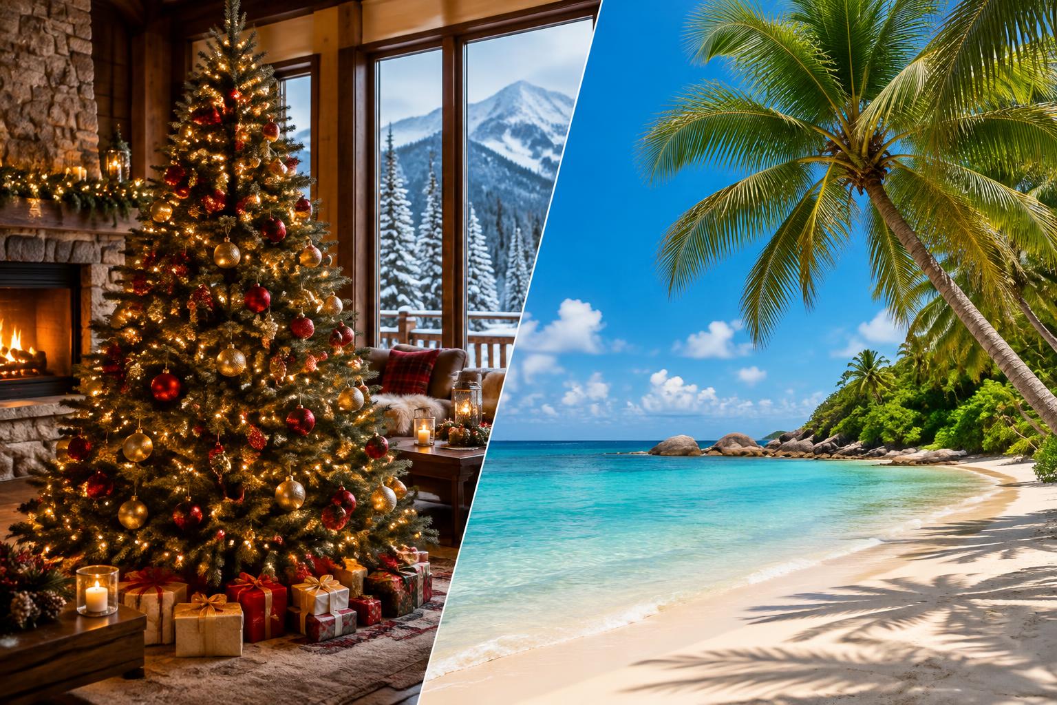 A decorated Christmas tree and a tropical palm-tree beach, divided diagonally